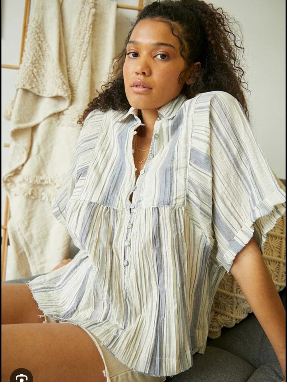 BDG oversize Blue & Cream Striped Button-Up Top